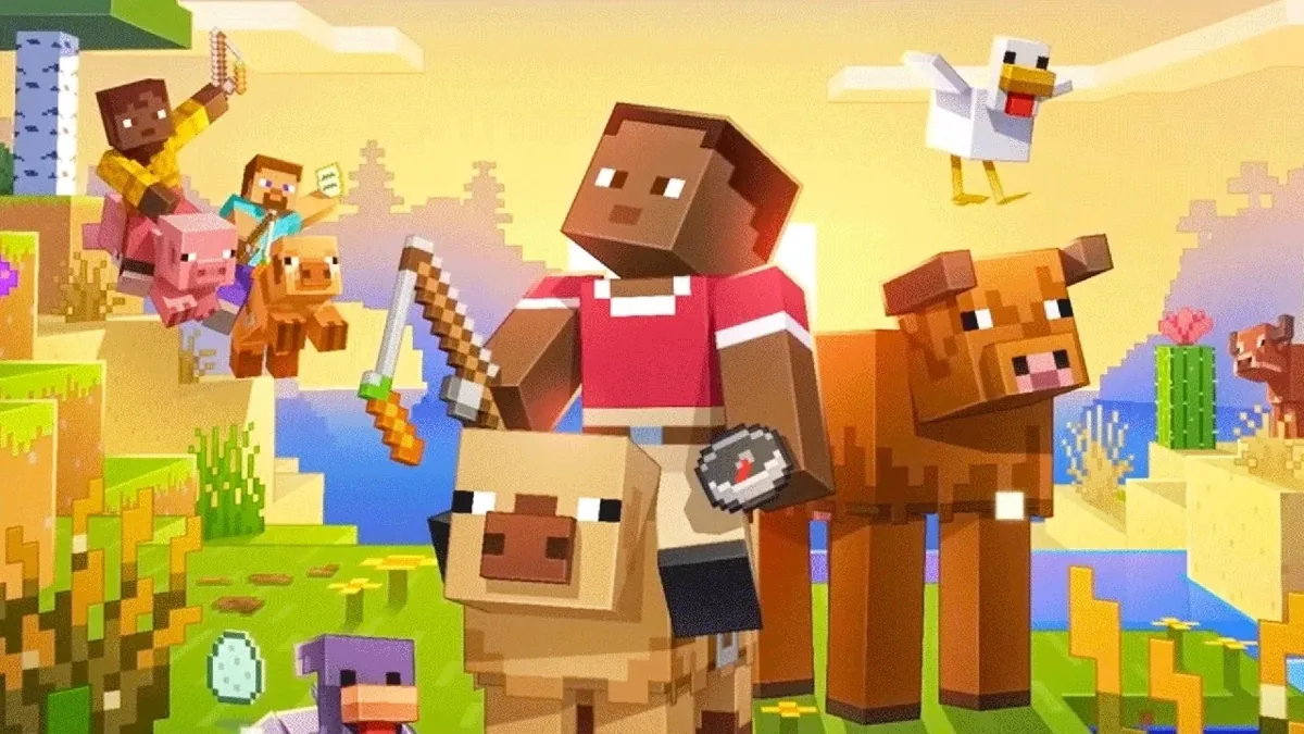 Minecraft 角色骑马穿越沙漠与草地区域