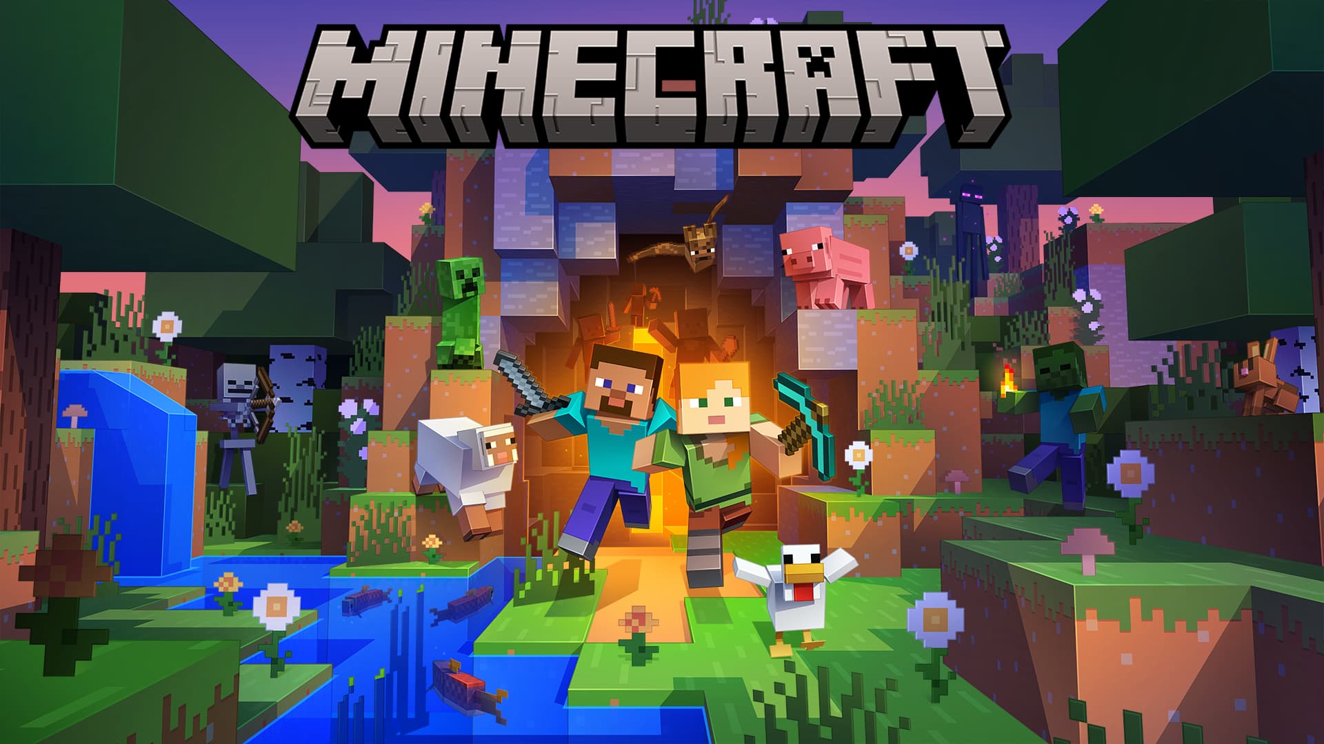 Minecraft 角色从洞穴入口逃离并面对僵尸和苦力怕